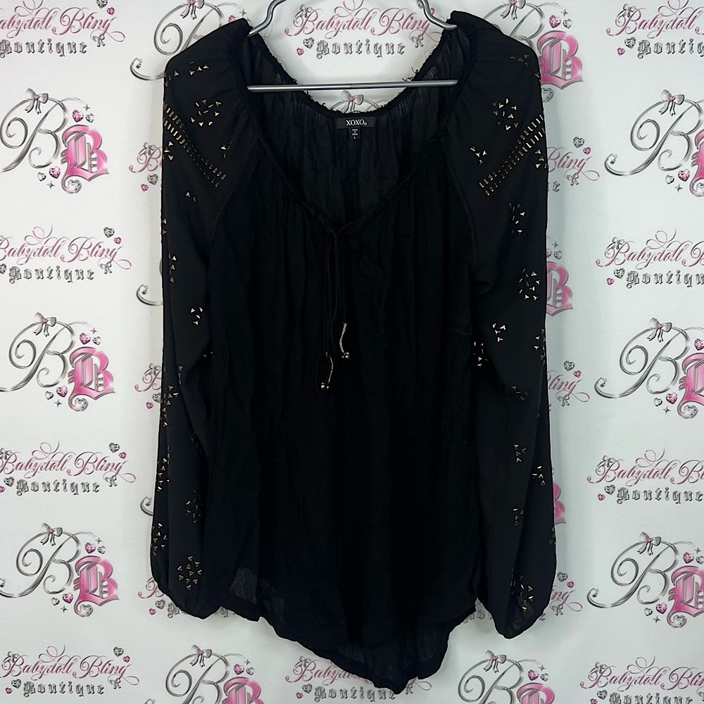 XOXO Black Blouse with Gold Detailing tassle tie ups geometric gold details